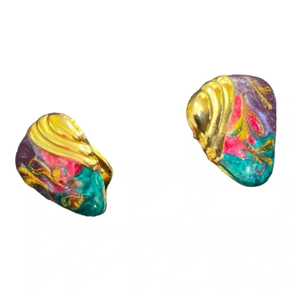VTG 80’s Multi Colored Modernist gold tone Chunky Retro Clip on Earrings 1